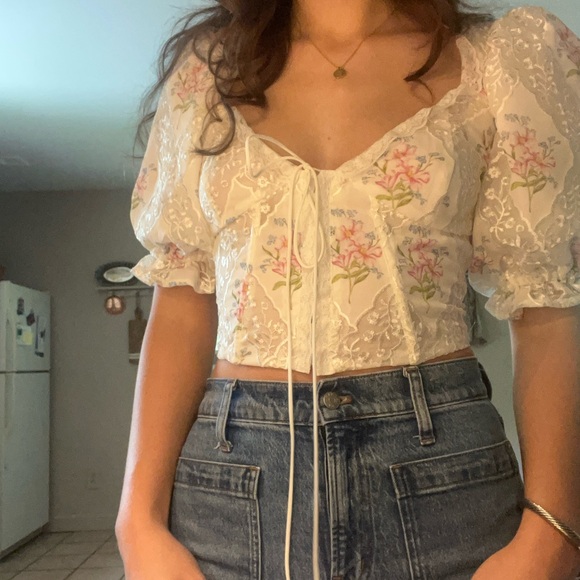 For Love And Lemons White Puff Sleeve Crop Blouse - Picture 3 of 5